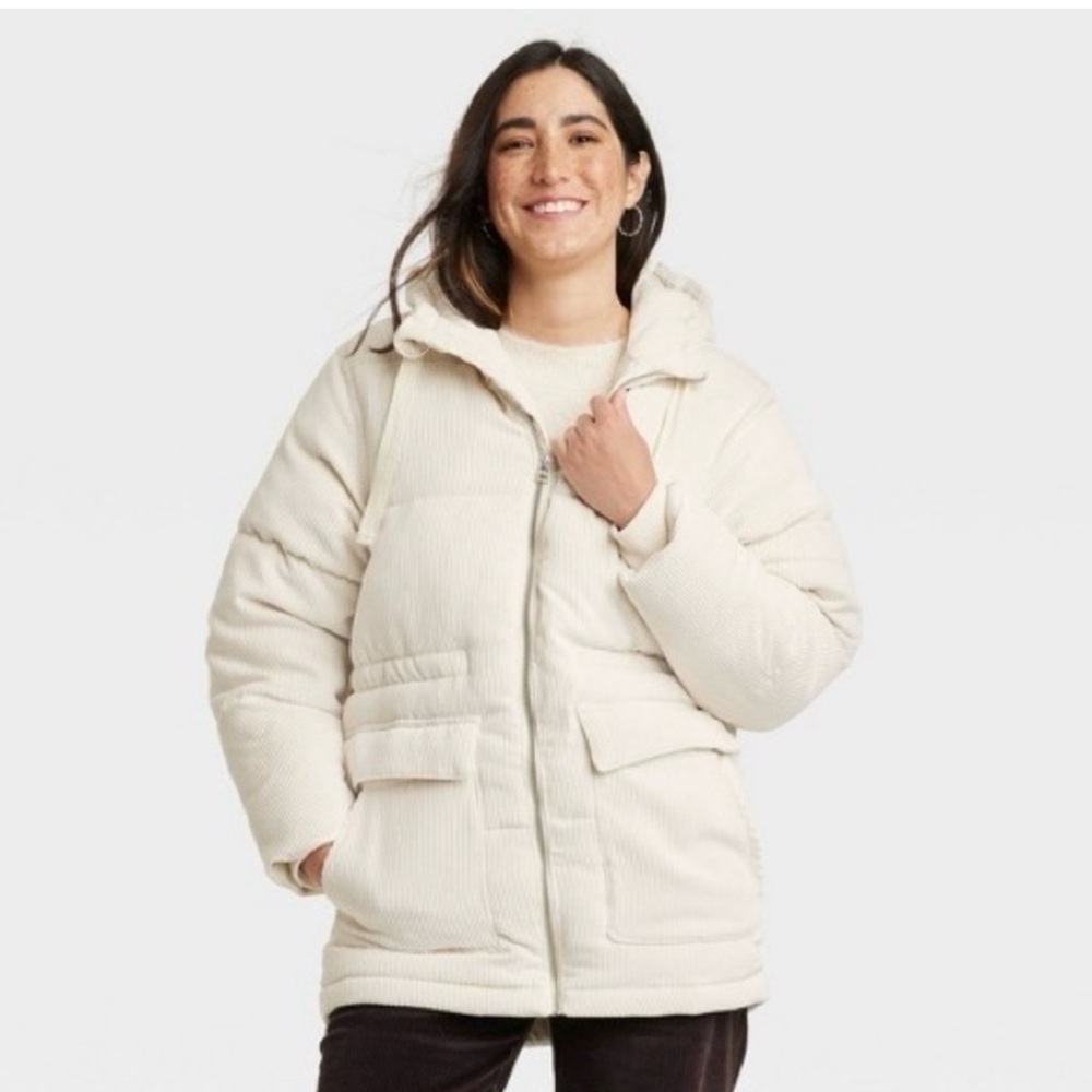 Universal Thread Hooded Cream Quilted Corduroy Puffer Jacket size Small